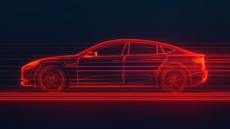 Futuristic Car Design with Neon Light Trails in Red and Blue, Showcasing Modern Automotive Innovation and Technology Conceptsの素材