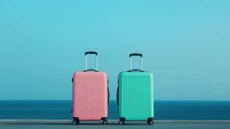 Vibrant Luggage Set on a Coastal Pathway with Ocean View, Perfect for Travel or Summer Vacation Adventures in Bright Colors and Modern Styleの素材