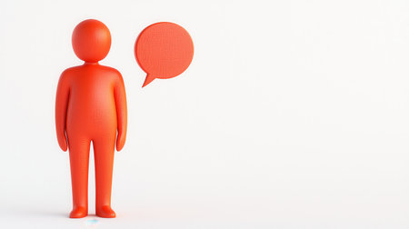 Bright orange figure stands against a white background, featuring a speech bubble for dialogue or conversation representation in a creative concept designの素材