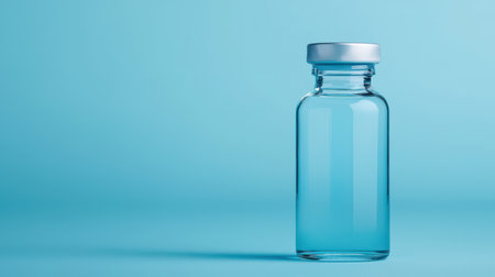 Clear glass bottle with silver cap on a light blue background, perfect for medical, pharmaceutical, or laboratory use in various industries and applicationsの素材