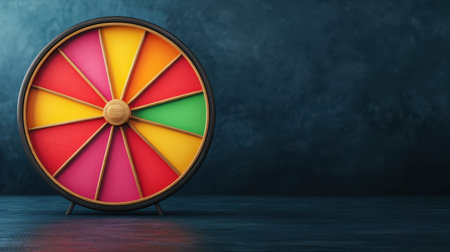 Colorful prize wheel on a dark textured background, ideal for games, promotions, or events featuring vibrant segments of pink, yellow, green, and orange.の素材