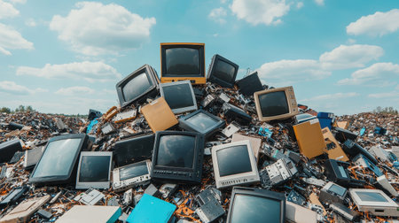 Pile of Old CRT Televisions and Electronic Waste in a Landfill Under a Bright Blue Sky with White Clouds, Representing E-Waste Crisis and Environmental Concernsの素材