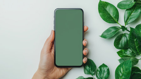 Hand Holding Smartphone with a Green Blank Screen Surrounded by Fresh Green Leaves on a Light Background for Nature and Technology Conceptの素材