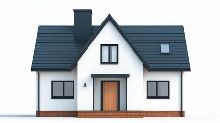 Modern Minimalist Home Exterior with Sloped Roof, Large Windows, Wooden Door, and Clean Lines Surrounded by Clear White Backgroundの素材
