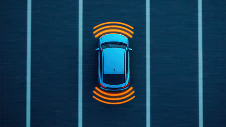 Aerial View of a Modern Car Parked in an Empty Parking Space Illustrating Advanced Parking Assistance Technologyの素材