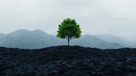 Lush Green Tree Standing Alone on Dark Volcanic Soil with Mountain Range in the Background Under Overcast Skyの素材