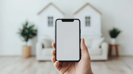Hand Holding Smartphone with Blank Screen in Modern Minimalist Living Room Featuring White Couch and Decorative Houses in Backgroundの素材