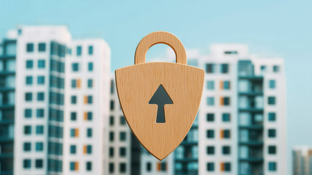 Wooden padlock icon with upward arrow in front of modern apartment buildings representing security and safety in urban living environmentsの素材