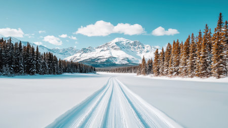 Scenic winter landscape with snowy mountains, frosty trees, and a clear blue sky featuring ski tracks on fresh snow in a tranquil outdoor settingの素材