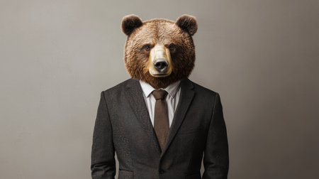 Man in Business Suit with Bear Head Mask, Modern Photo Concept Blending Nature and Professionalism for Creative Visual Projects and Advertising Needsの素材