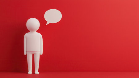 3D cartoon character standing on a vibrant red background with a speech bubble ready for messages and communication in a creative concept settingの素材