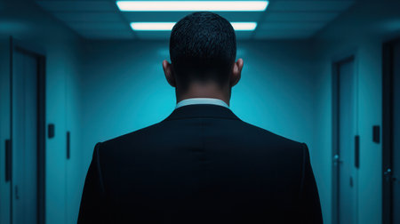 Mysterious silhouette of a business professional standing in a dimly lit corridor, emphasizing intrigue and professionalism in an urban setting at nightの素材
