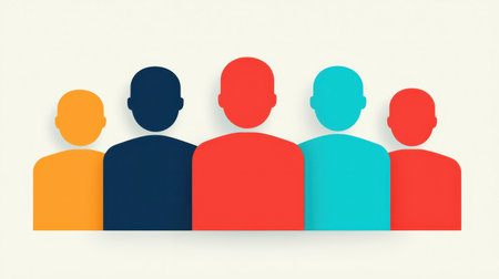 Colorful silhouettes of diverse people representing teamwork, unity, and collaboration in a minimalist design suitable for business and creative projectsの素材