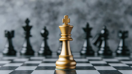 Golden king chess piece standing against contrast of black pieces on chessboard, symbolizing strategy, leadership, and competition in game of chessの素材