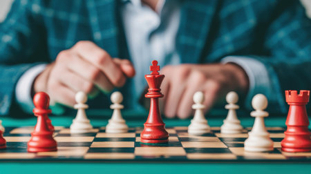 Intense Chess Game with Focus on Red King Piece Surrounded by White Pawns and Rooks in a Stylish Room Settingの素材