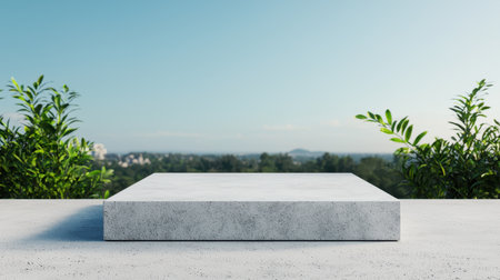 Minimalist Concrete Platform with Clear Sky and Lush Greenery in the Background for Ideal Display and Presentation Opportunities in Modern Designの素材