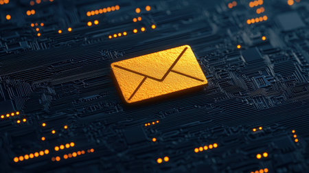 Golden envelope icon on a dark circuit board background, symbolizing digital communication and technology with glowing connections and electronic elementsの素材
