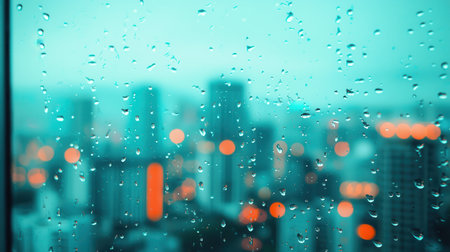 Raindrops on Glass with Urban Skyline in Background, Creating a Dreamy and Atmospheric Urban Scene in Soft Color Palette of Blue and Orange Huesの素材