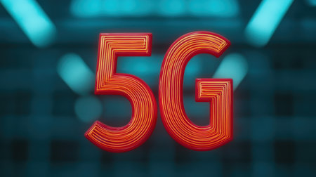 Neon 5G Signage Illuminated in a Modern Urban Environment, Symbolizing the Future of Connectivity and Technology Advancements in Telecommunicationsの素材