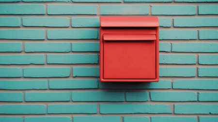 Bright Red Mailbox on Turquoise Brick Wall Creates a Striking Contrast for Urban and Modern Aesthetic Photography and Design Projectsの素材
