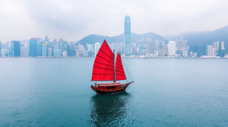 Traditional Chinese Junk Boat with Red Sails in Victoria Harbour with Hong Kong City Skyline in the Background Under Cloudy Skyの素材