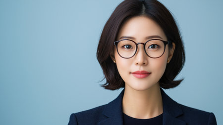 Professional young woman with glasses in a modern business suit against a soft blue background, looking confident and ready to succeed in her careerの素材