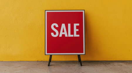 Bright Red Sale Sign Against a Vibrant Yellow Wall for Advertising Promotions and Marketing Campaigns in Retail Stores or Online Platformsの素材