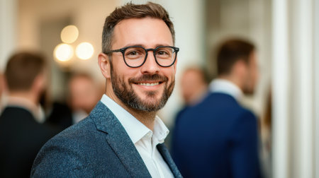 Handsome man with glasses smiling at camera during social gathering in elegant venue surrounded by blurred individuals and warm lighting atmosphereの素材