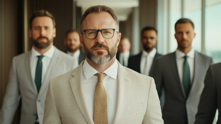 Group of Business Professionals Walking Together in a Modern Office Environment with Focused Expressions and Sharp Attire Reflecting Teamwork and Leadershipの素材