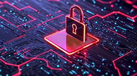 Digital Lock on Circuit Board Background Represents Cybersecurity Protection and Data Security in Modern Technology Environmentの素材