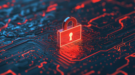 Digital security concept with glowing padlock on a futuristic circuit board background showcasing technology, protection, and data security themesの素材