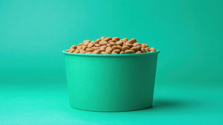 A Close-Up View of a Bowl Filled with Pet Food on a Bright Green Background, Ideal for Nutritional and Pet Care Themes and Advertisingの素材