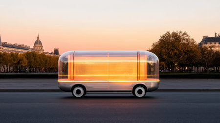 Futuristic Transparent Vehicle with Illuminated Design on Urban Street During Sunset in a Modern City Settingの素材