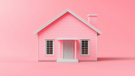 Charming pastel pink house on a solid pink background, featuring white trim, windows, and a front door, ideal for home decor and design themesの素材
