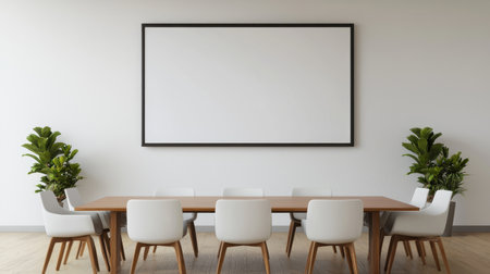 Modern conference room with a large blank wall, an empty table surrounded by white chairs, and green plants for a fresh and inviting workspace atmosphereの素材