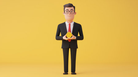 Happy businessman holding a gold coin symbolizing wealth and financial success in a clean, vibrant, and cheerful yellow background illustration for stock useの素材
