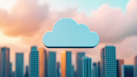 Abstract cloud graphic floating above modern city skyline during sunset, showcasing urban lifestyle and technology concept in vibrant visual appealの素材
