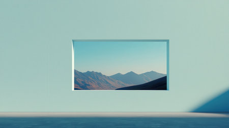 Serene Mountain View Through Modern Window Frame in Minimalist Interior with Soft Lighting and Calm Atmosphere for Tranquil Spacesの素材