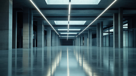 Modern Industrial Interior with Reflective Floor and Skylights in an Open Space Design Ideal for Commercial Use and Creative Projectsの素材