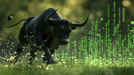 Digital bull in a vibrant green field with abstract binary code background representing technology and finance concepts in a futuristic atmosphereの素材