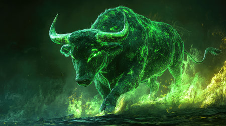 Majestic Bull Surrounded by Green Flames and Mystical Energy in a Dynamic and Powerful Pose for Fantasy and Natural Imageryの素材