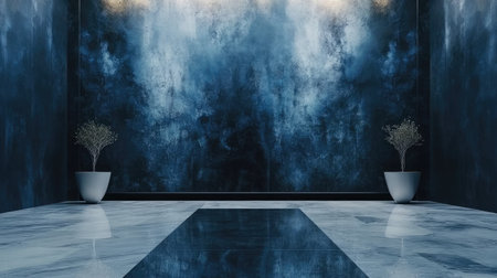 Modern minimalist interior design with blue wall and marble floor, featuring stylish plant pots in contemporary empty room space for creative projectsの素材