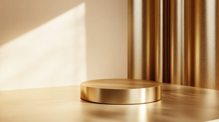Elegant Gold Display Platform with Soft Lighting and Smooth Surface in a Luxurious Interior Setting for Product Presentationの素材