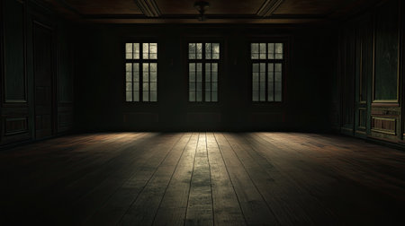 Dark and Mysterious Room with Wooden Floor and Windows Casting Shadows, Ideal for Creative, Artistic, or Noir-themed Projects and Conceptsの素材