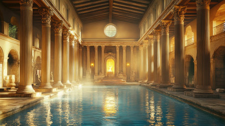 Serene Interior of an Ancient Roman Bathhouse with Grand Columns, Reflections on Water, and Golden Light Streaming Through Arched Windowsの素材