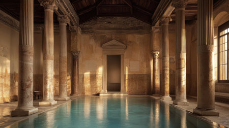 Serene Indoor Swimming Pool with Classical Architecture, Elegant Columns, and Natural Light Enhancing Tranquility in a Relaxing Spa Environmentの素材