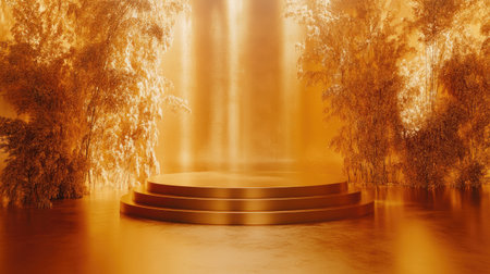 Serene Golden Waterfall Scene with Lush Foliage and Reflective Surface in a Dreamlike Environment Ideal for Tranquil Nature and Abstract Imageryの素材