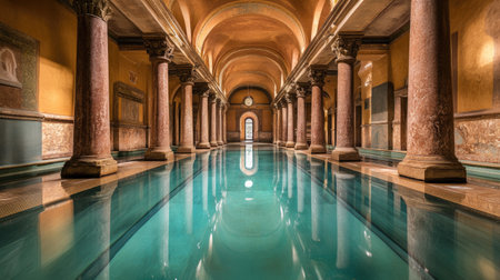 Serene Interior of an Ancient Bathhouse with Reflective Waters and Elegant Columns bathed in Warm Light, Perfect for Relaxation and Tranquilityの素材