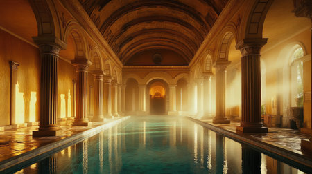 Serene indoor swimming pool with classical architecture and soft golden light illuminating the tranquil waters and elegant columnsの素材