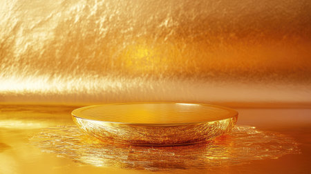 Elegant golden plate on shimmering gold background, perfect for product display, luxury branding, and creative presentations in advertising and design projectsの素材
